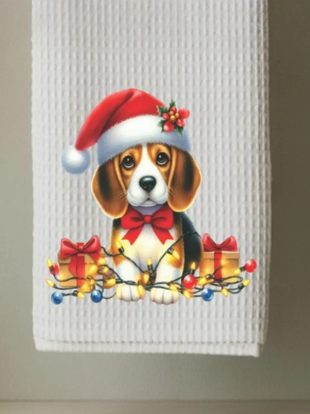 Beagle Christmas Lights Decorative Kitchen Tea Towel